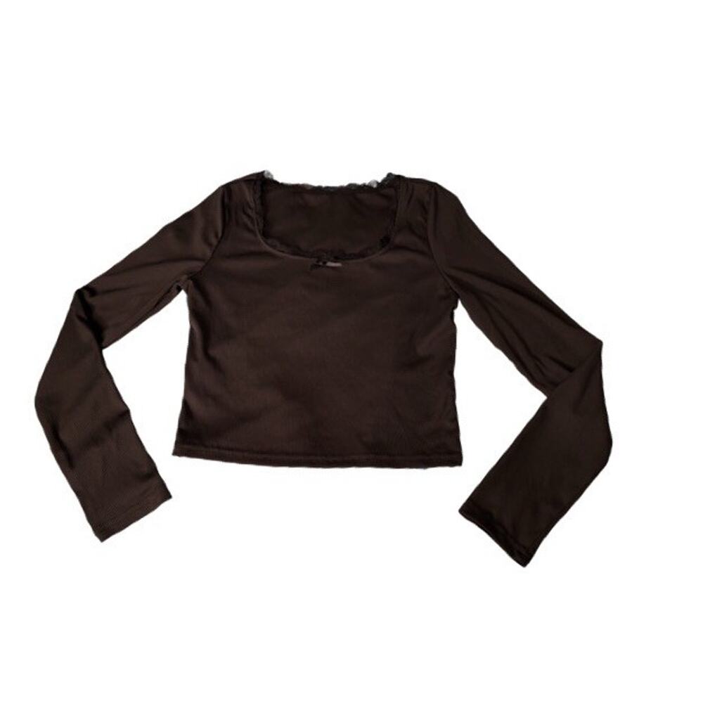 Black Crop Top Long Sleeve Size Large Bow Neck Lace Square Neck Ribbed Feminine